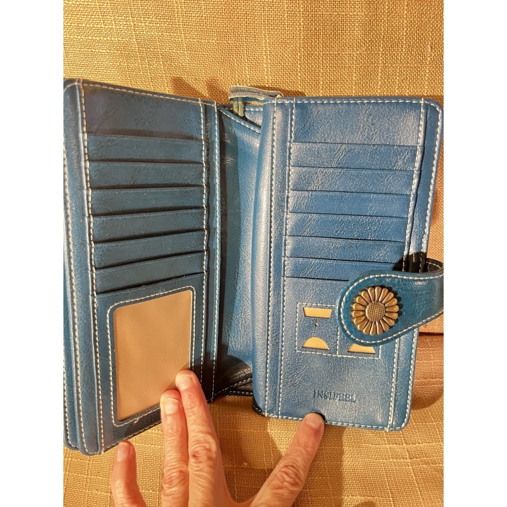 Insifeel Teal Blue Organizer Wallet Flower Snap Zip Around Wristlet 7.5x4.5 - Picture 5 of 14